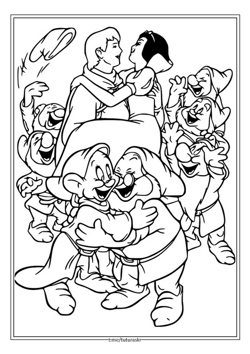 Раскраска Белоснежка и принц с семью гномами