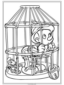 Раскраска Пиноккио и Джимини в клетке