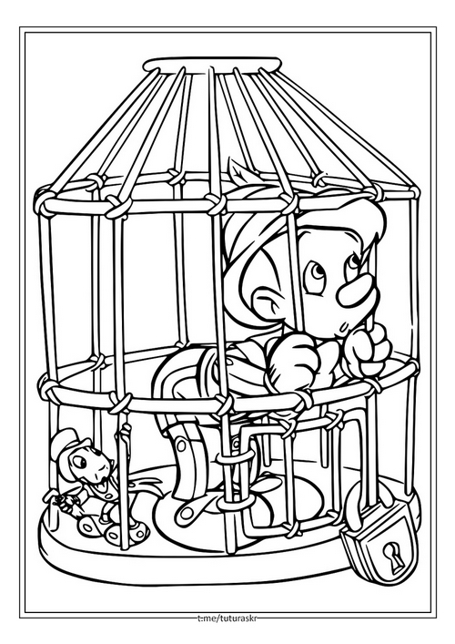 Раскраска Пиноккио и Джимини в клетке