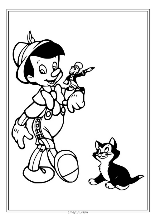 Раскраска Пиноккио с Джимини и Фигаро