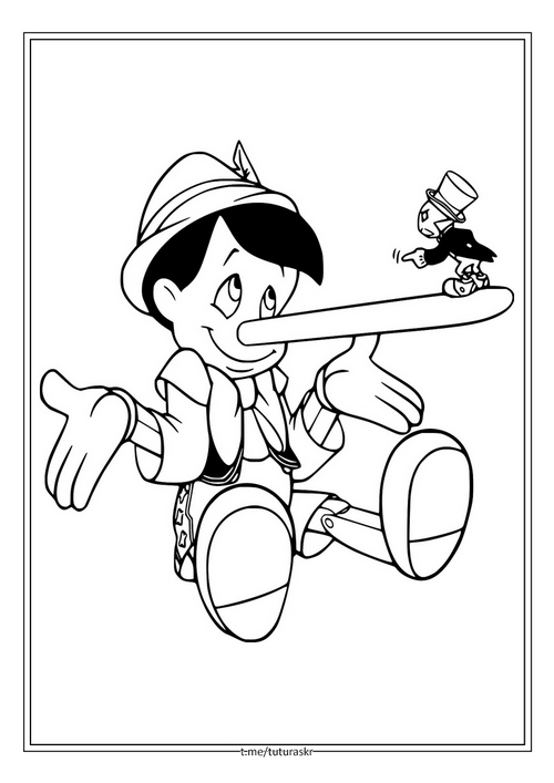 Раскраска Пиноккио с Джимини на носу