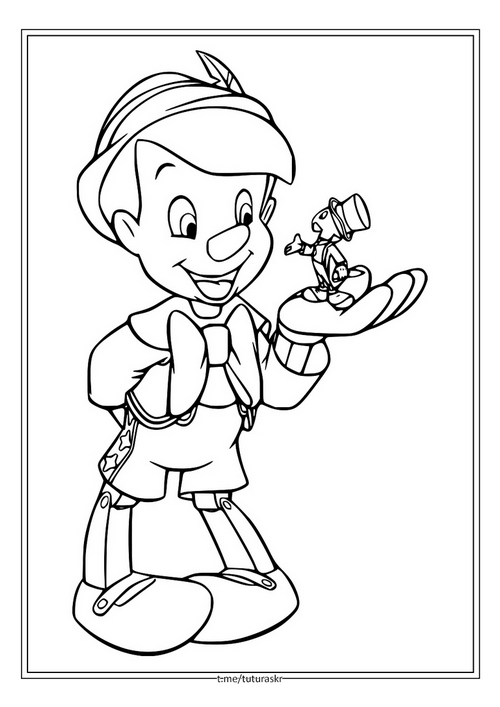 Раскраска Пиноккио с Джимини в руке