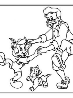 Раскраска Пиноккио танцует с Джеппетто и Фигаро