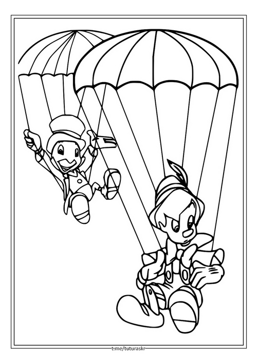Раскраска Приземление Джимини и Пиноккио