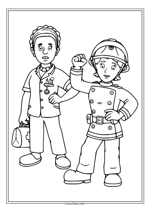 Раскраска Пожарный и медсестра