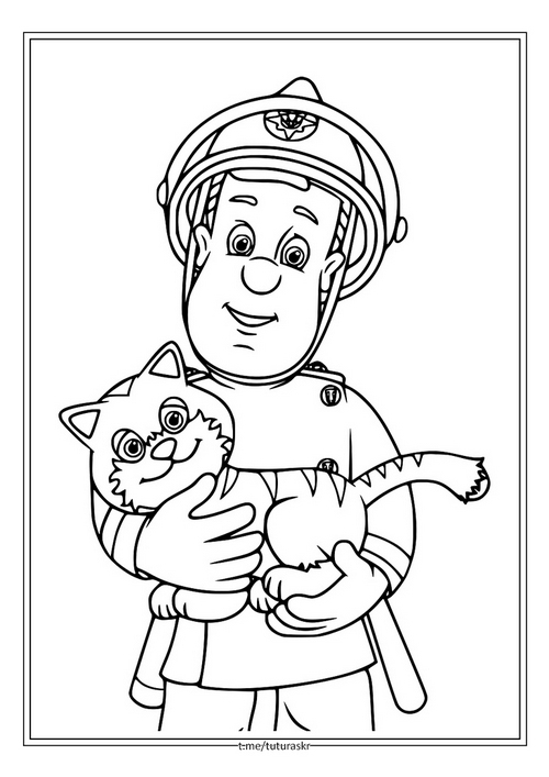 Раскраска Пожарный Сэм держит кошку