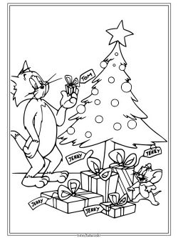 Раскраска Том и Джерри с Рождественской елкой