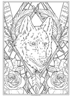 Раскраска Волк в рамке с цветами