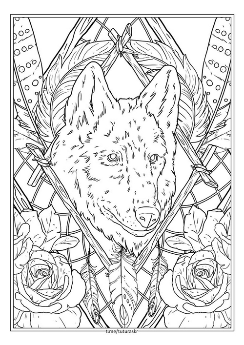 Раскраска Волк в рамке с цветами