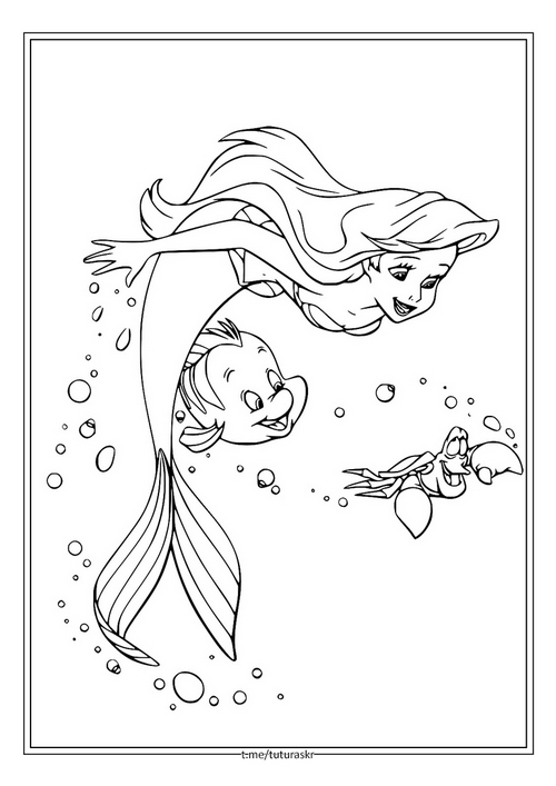 Раскраска Ариэль плавает с Себастьяном и Флаундером