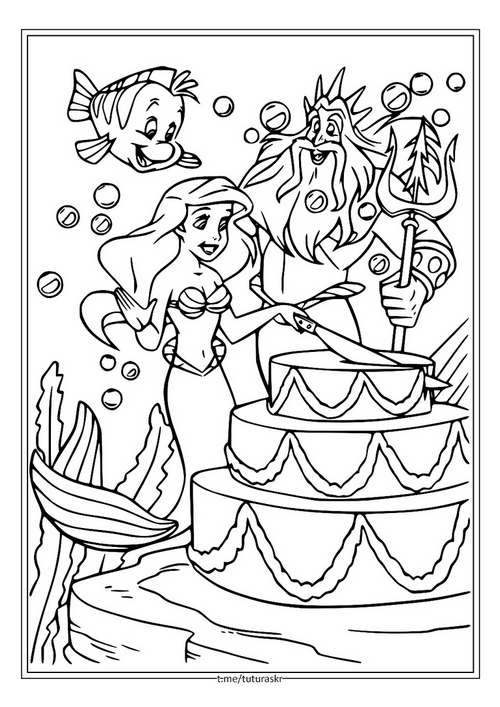 Раскраска Ариэль разрезает праздничный торт
