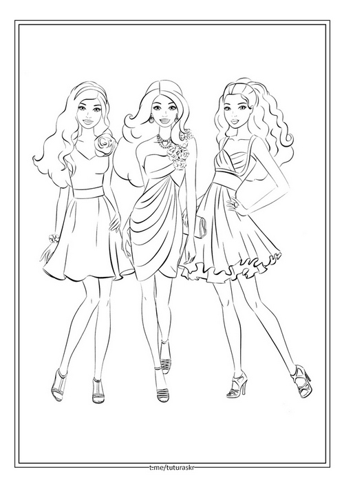 Раскраска Подружки Барби в нарядных платьях