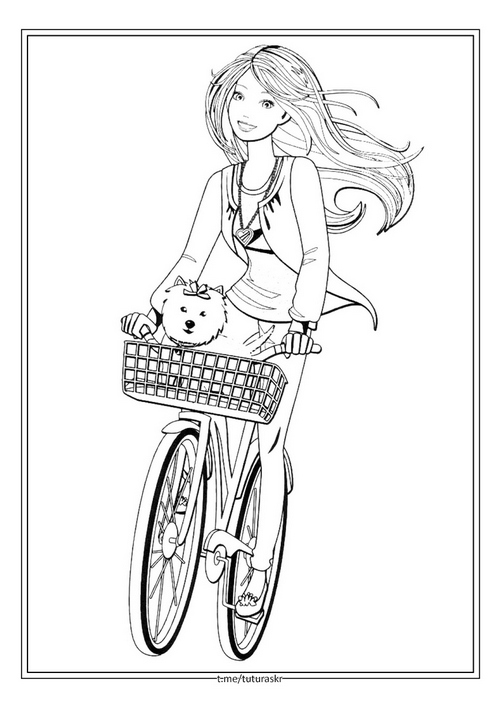 Раскраска Барби с собачкой на велосипедной прогулке