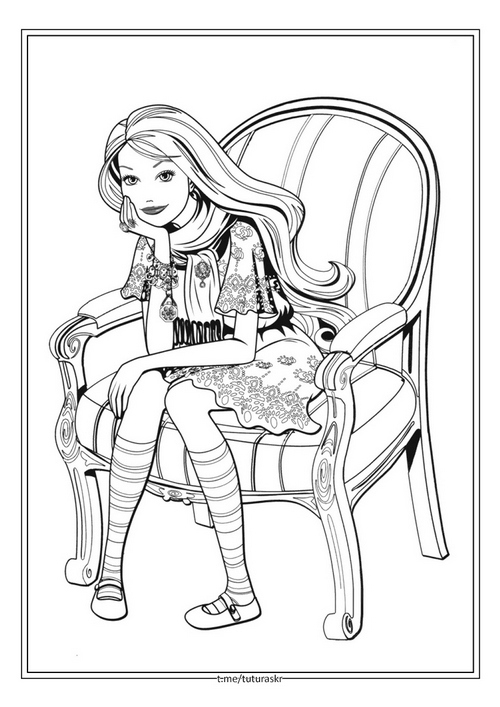 Раскраска Задумчивая Barbie в кресле
