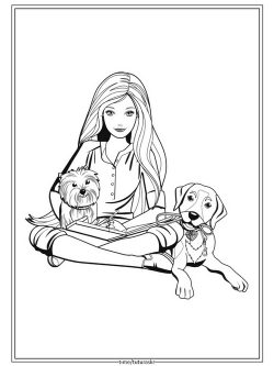 Раскраска Барби с двумя собачками