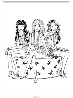 Раскраска Барби на лавочке с подружками