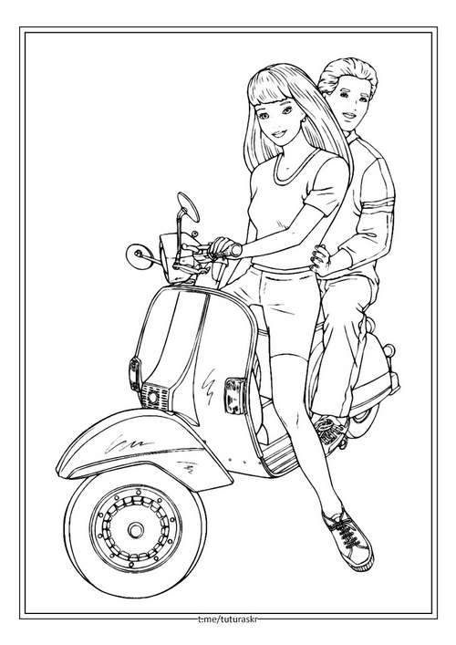 Раскраска Барби с Кеном на мотоцикле