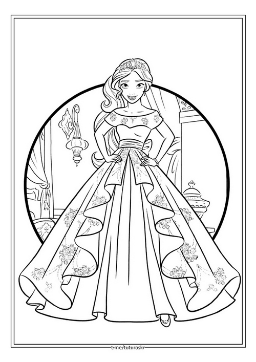 Раскраска Молодая принцесса в королевском платье