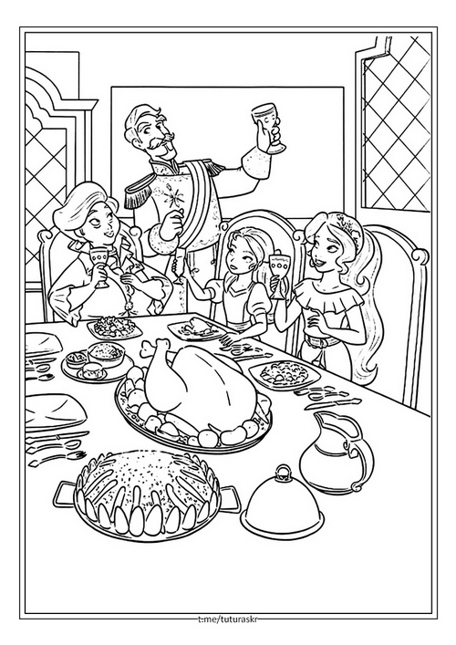 Раскраска Семейный ужин в королевстве