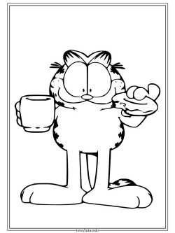 Раскраска Гарфилд держит чашку кофе