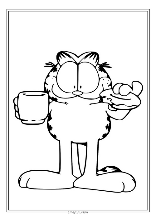 Раскраска Гарфилд держит чашку кофе