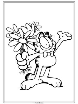 Раскраска Гарфилд держит цветы