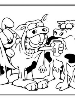 Раскраска Гарфилд и Оди, переодетые в корову