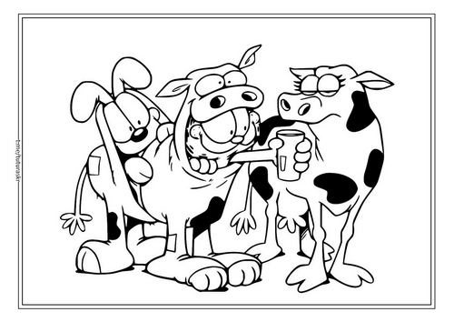 Раскраска Гарфилд и Оди, переодетые в корову