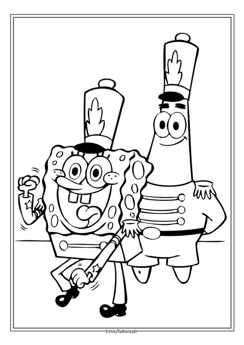 Раскраска Спанч Боб и Патрик в военной форме