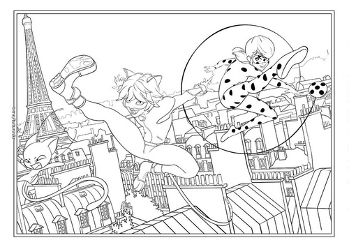 Раскраска Леди Баг и Супер Кот прыгают по крышам